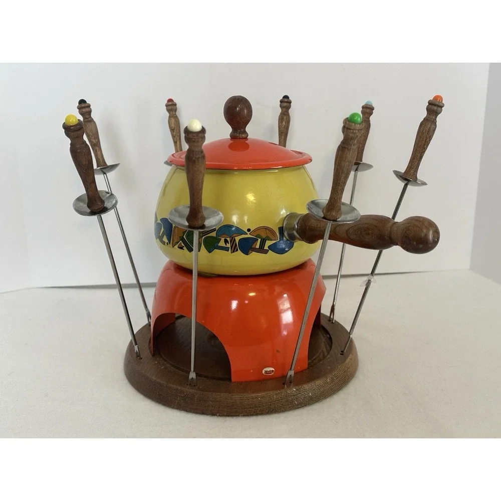 Vtg Fondue Set Wood Stand Forks Enamel Pot Mushroom Mid Century MCM‎ Kitchen
